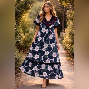 Vtg RM Made InHawaii Muumuu Dress Black Floral Ruffle Maxi 16 Tiki Luau Boho 80s